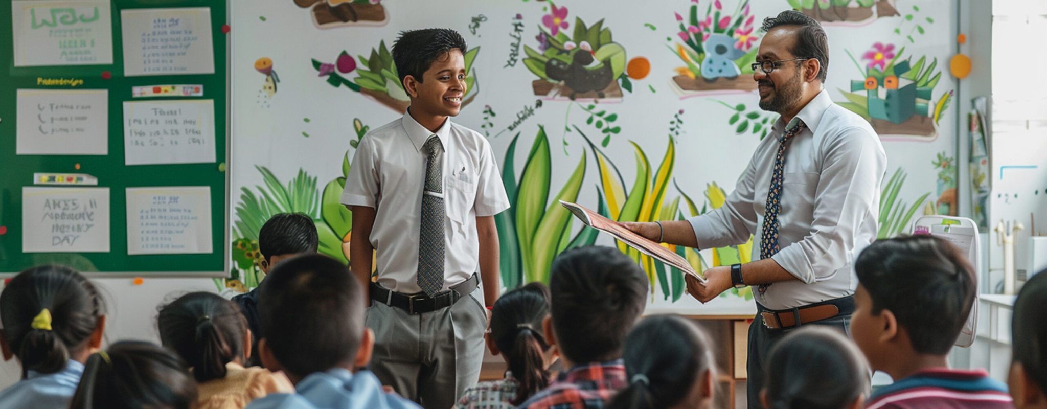 group-children-are-talking-front-mural-that-says-school